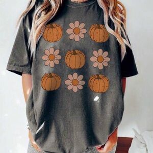 Dark Grey T-Shirt with Pumpkin and Flower Print